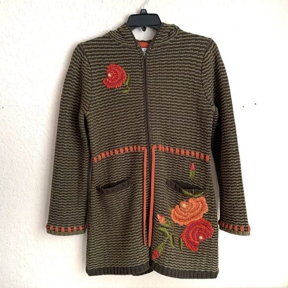 Cabi Wool Blend Coatagan Womens Medium Green Embroidered Pockets Hood Zip Close - Picture 1 of 14
